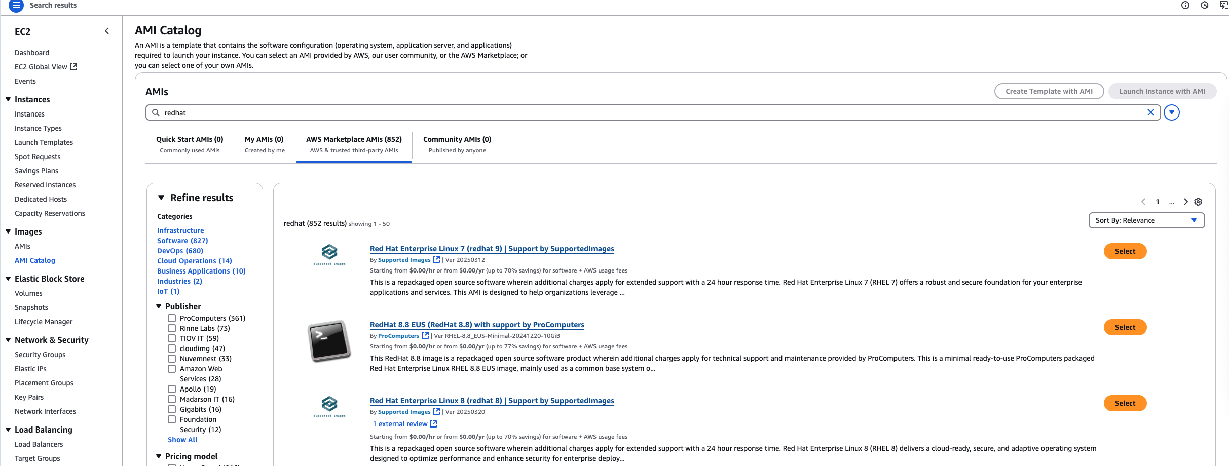 Screenshot of AMI Catalog in EC2