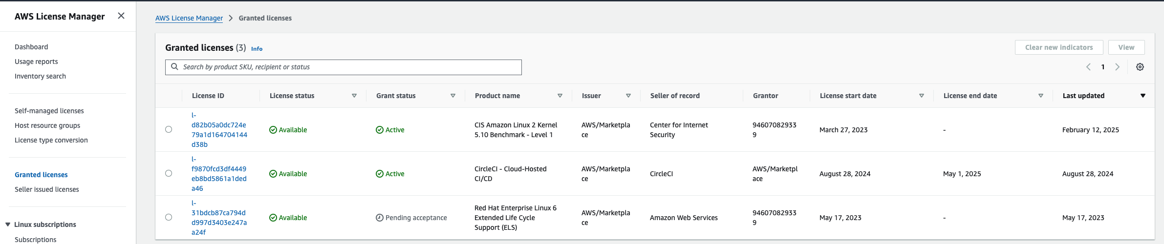 Screenshot of Grant screen in license manager